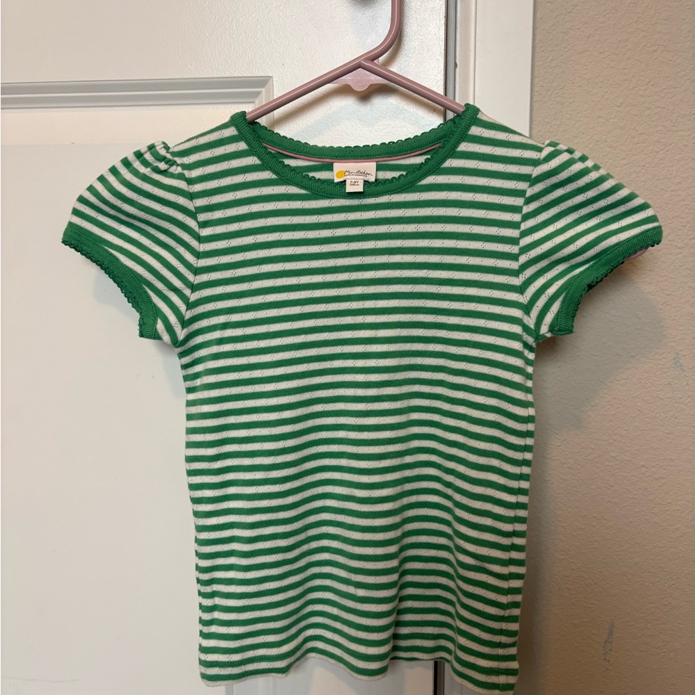 Mini Boden Green and White Striped Pointelle Pattern Tee